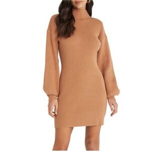 Vici Collection Funnel Neck Ribbed Sweater Dress‎ Soft Camel Medium Neutral Soft